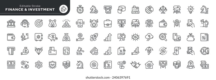 Set of line icons in linear style. Recruitment - Finance, investing, bank and business. Money, currency, and payment.Outline icon collection.Pictogram