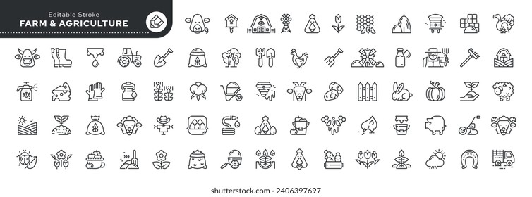 Set of line icons in linear style. Set - Farming, farm and agriculture. Animal husbandry and livestock breeding. Outline icon collection. Concept