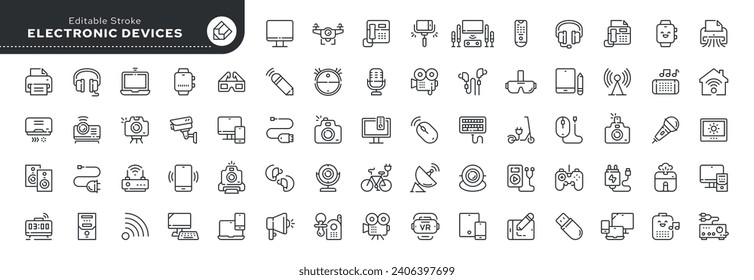 Set of line icons in linear style. Set - Electronic devices, smart mobile gadgets. Computer, phone, tablet, and technology. Outline icon collection.