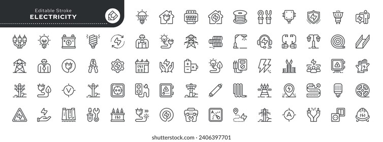 Set of line icons in linear style. Series - Electricity, electric power line, light, light bulb and electrical equipment.Outline icon collection.