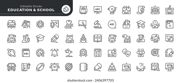 Set of line icons in linear style. Series - Education, school, university studies, knowledge,learning, student and teacher. Outline icon collection. Concept