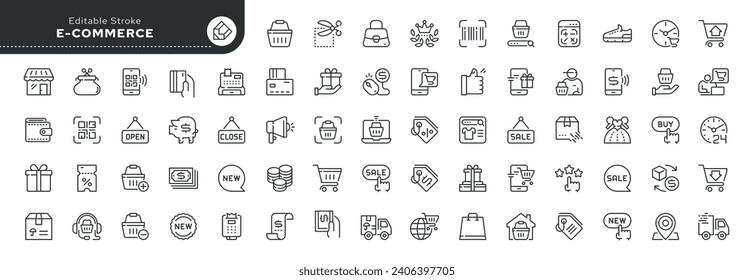 Set of line icons in linear style. Series - E-commerce and shopping. Online shopping cart, electronic purchase and sale on marketplaces. Concept