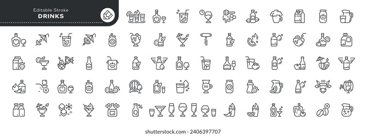 Set of line icons in linear style. Set - Drink. Lemonade, cocktail, wine, cold and hot, carbonated, alcoholic drinks. Collection of outline icons.