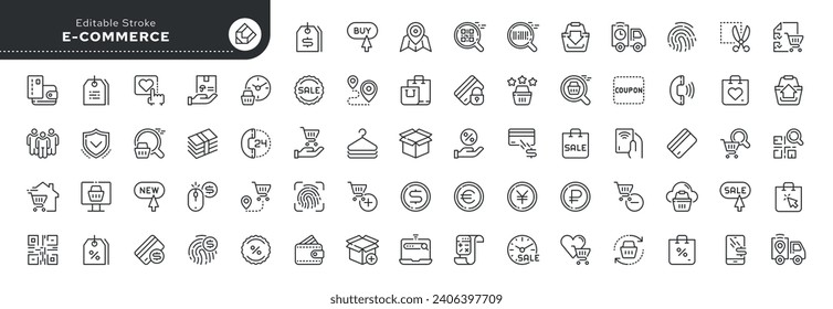 Set of line icons in linear style. Series - E-commerce and shopping. Online shopping cart, electronic purchase and sale on marketplaces.