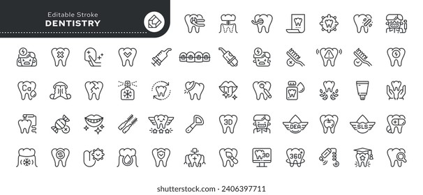 Set of line icons in linear style. Series - Dentistry and healthy teeth. Dental supplies, dental and oral care. Outline icon collection. Concept