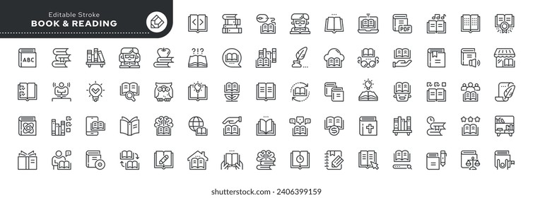 Set of line icons in linear style. Set - Book and reading. E-books, library, literature and writer. Outline icon collection. Pictogram and infographic