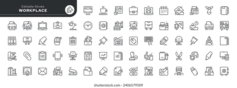 Conjunto de iconos de línea en estilo lineal.Set: lugar de trabajo y trabajo de oficina.Icono de trabajo, elementos de oficina, equipo y herramientas. Icono de línea Web.Colección de iconos Esquema.Pictograma e infografía.Curso editable.