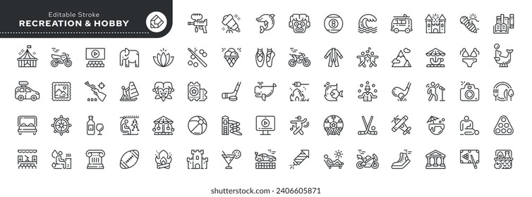 Set of line icons in linear style. Set - Recreation. Hobby,vacation and entertainment. Web line icon. Outline pictogram and infographic. Editable.