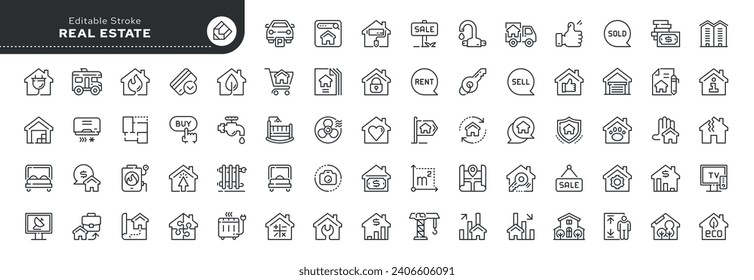 Set of line icons in linear style. Set - Real estate. Buying, selling and renting a house. Mortgages and housing loans. Web icon. Outline pictogram.