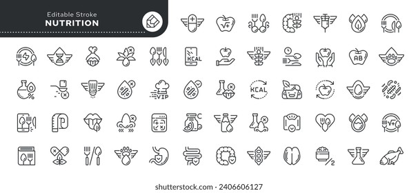 Set of line icons in linear style. Series - Nutrition. Proper nutrition, healthy eating and food. Healthy lifestyle. Outline icon collection. 