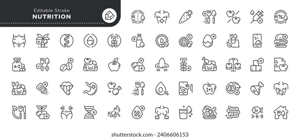 Set of line icons in linear style. Series - Nutrition. Proper nutrition, healthy eating and food. Healthy lifestyle. Outline icon collection.