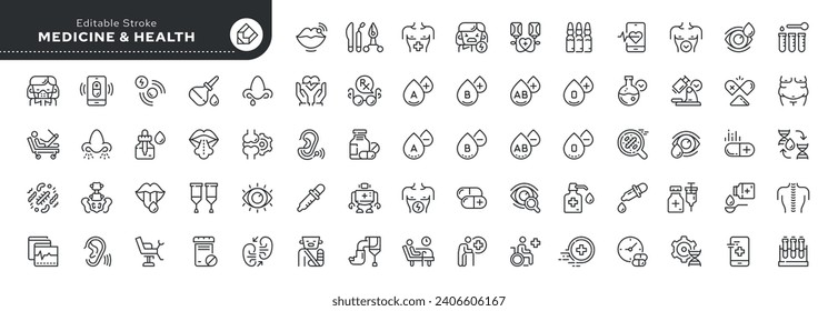 Satz von Zeilensymbols im linearen Stil. Serie - Medizin, Gesundheit und Gesundheit. Humanorgan, medizinische Instrumente und Behandlung.Rahmensymbol-Sammlung