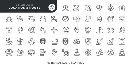 Set of line icons in linear style. Set - Location, route and navigation. GPS, map, path, destination, address and distance. Collection outline icons.