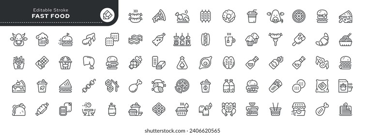 Set of line icons in linear style. Series - Fast food and drinks. Food court, food and quick meals.Outline icon collection. Conceptual pictogram