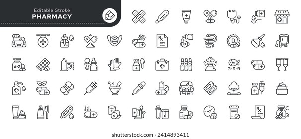 Conjunto de iconos de línea en estilo lineal. Serie - Farmacia y Productos Farmacéuticos. Comprimidos, medicamentos y productos de cuidado. Colección de iconos de esquema. Pictograma e infografía. Trazo editable.