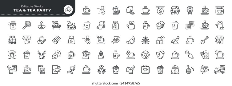 Set of line icons in linear style. Set - Tea and hot drink. Outline icon collection. Pictogram and infographic. Editable stroke.	