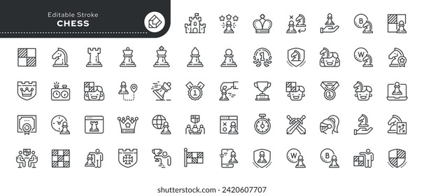 Set of line icons in linear style. Series - Game of Chess. Chess pieces: bishop, pawn, queen, knight, king, queen. Chess tournament, chess player.Outline icon collection. Pictogram and infographic.