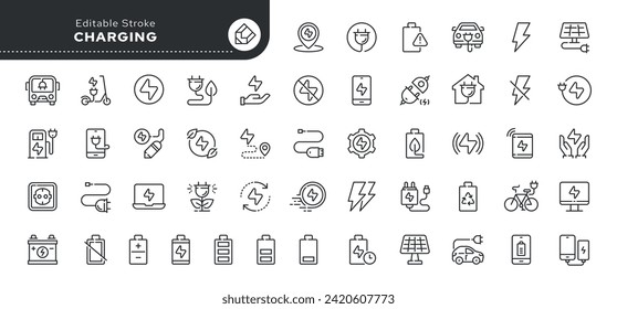 Set of line icons in linear style. Series - Charging. Charger, electronic charging, charge devices.Outline icon collection. Pictogram and infographic. Editable stroke.