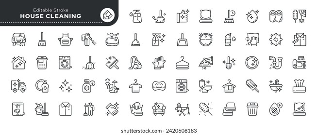 Set of line icons in linear style. Series - Home cleaning.Clean up the house. Washing floors, windows, dishes, clothes and linen.Sweeping the floor and wiping dust. Outline icon collection. Pictogram