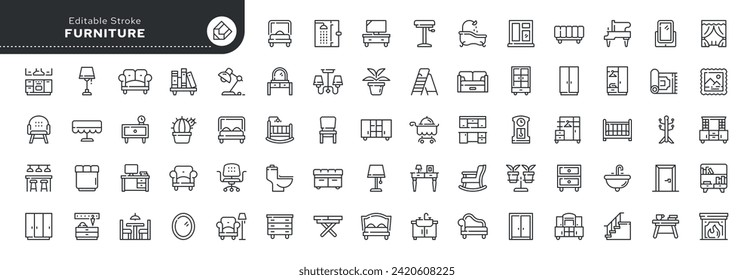 Set of line icons in linear style. Set - Furniture, home and interior. Products for furnishing residential and public premises. Outline icon collection. Pictogram and infographic. Editable stroke.	