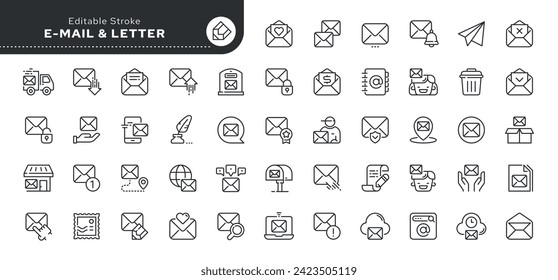 Set of line icons in linear style. Series - Mail, email and postal letter. Mailing. Post office and mailbox. Outline icon collection. Pictogram and infographic. Editable stroke.