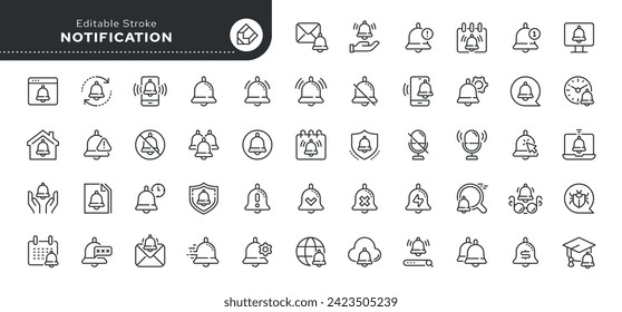 Set of line icons in linear style. Series - Notification and Reminder. Bells, sound, message. Outline icon collection. Pictogram and infographic. Editable stroke.