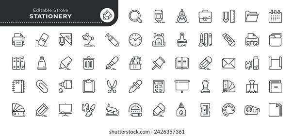 Set of line icons in linear style. Series - Stationery. Office products and supplies for documentation, study and creativity. Outline icon collection. Pictogram and infographic.