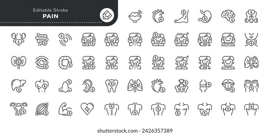 Set of line icons in linear style. Series - Pain. Human pain in the body and organs. Outline icon collection. Conceptual pictogram