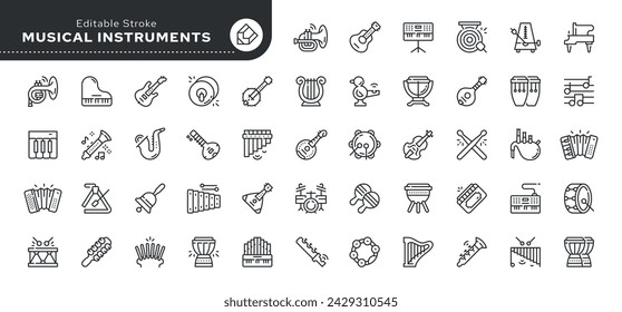 Set of line icons in linear style. Set - Musical instruments. Music, piano, guitar, drum, harp, flute, violin and others. Outline icon collection. Conceptual pictogram and infographic.Editable stroke	