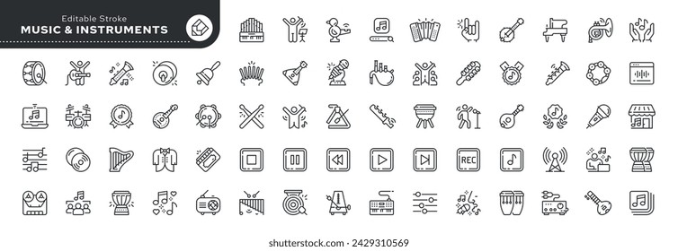 Set of line icons in linear style. Set - Music, musical instruments and audio.. Outline icon collection. Conceptual pictogram and infographic. Editable stroke.	