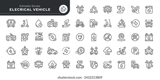 Set of line icons in linear style. Series - Electrical vehicle. Eco-friendly transport. Electric car, bus, e-bike, electric scooter, motorcycle, charging station and battery. Outline icon collection. 