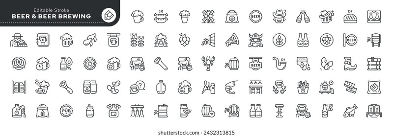 Set of line icons in linear style. Set - Beer and beer brewing. Foamy carbonated alcoholic and non-alcoholic drink. Wheat, malt beer.Outline icon collection. Pictogram and infographic. 