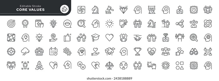 Set of line icons in linear style. Series - Core values. Positive personal qualities of a person and character traits. Outline icon collection. Conceptual pictogram and infographic.