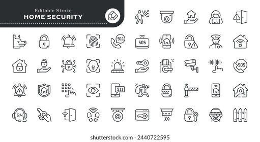 Set of line icons in linear style. Series - Home security and protection. Alarm system, locking, smart home, lock and key.Outline icon collection. Conceptual pictogram and infographic.	
