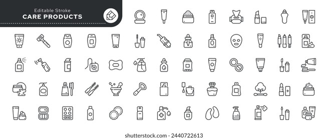 Satz von Liniensymbolen im linearen Stil. Serie - Pflegeprodukte und Kosmetik. Gliederungssymbolsammlung. Konzeptionelles Piktogramm und Infografik.