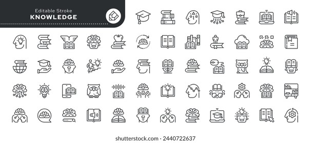 Set of line icons in linear style. Series - Knowledge and cognition. Education, studying books, developing intelligence. Outline icon collection. Conceptual pictogram and infographic.