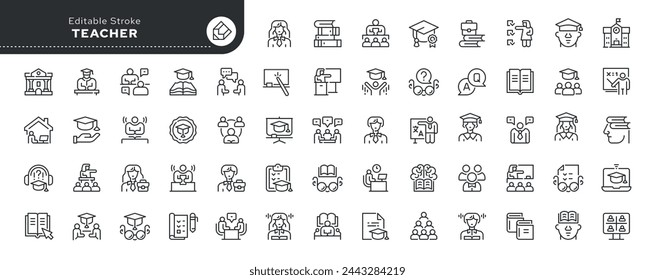 Set of line icons in linear style. Series - Teacher, teaching and education. Knowledge, teach, book, school and university. Outline icon collection. Conceptual pictogram and infographic.