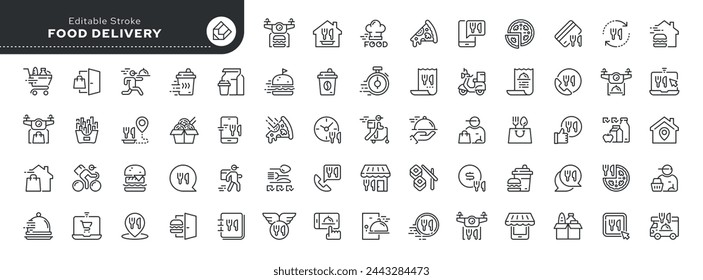 Set of line icons in linear style. Series - Food delivery.Order food and drinks from a restaurant, fast food, delivery person, online ordering of dishes. Outline icon collection. Conceptual pictogram