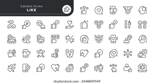 Conjunto de iconos de línea en estilo lineal. Serie - Like.Hand gesto pulgares hacia arriba, favorito, positivo, mejor, confirmación, Aprobación y Acuerdo.Outline icono colección.Conceptual pictograma e infografía.	
