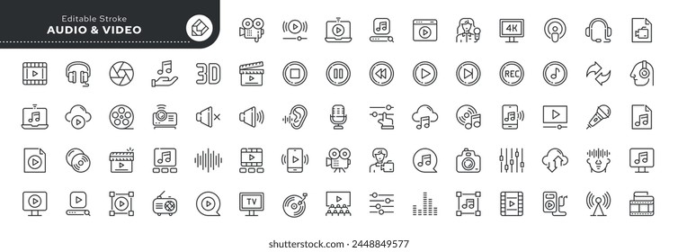 Set of line icons in linear style. Set - Video and audio. Video camera, sound, microphone, media and player.Outline icon collection. Pictogram and infographic. Editable stroke.	