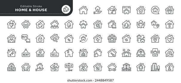 Set of line icons in linear style. Series - Home, house and housing. Smart home and eco house. Outline icon collection. Conceptual pictogram and infographic.	
