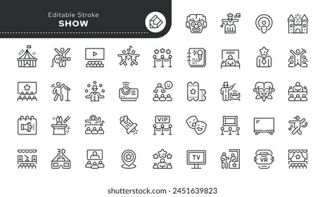 Set of line icons in linear style. Series - Show. Entertainment, leisure, performance. Concert, cinema, circus, exhibition, theater, philharmonic, opera.Outline icon collection. Conceptual pictogram