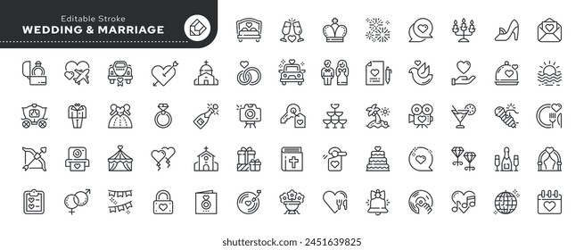 Set of line icons in linear style. Series - Wedding. Newlyweds' holiday, wedding, love. Bride, groom, lovers, wedding rings, wedding car, cake. Outline icon collection. Conceptual pictogram