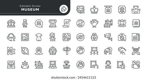 Set of line icons in linear style. Series - Museum. Art gallery, archaeological, historical exhibition, sculpture, ancient exhibits.Outline icon collection.Conceptual pictogram and infographic.	
