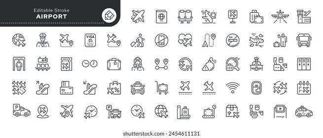 Set of line icons in linear style. Series - Airport. Airplane, flight, air travel, takeoff, landing. Outline icon collection. Conceptual pictogram and infographic.