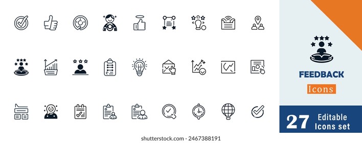 Set of line icons in linear style. Series - Feedback. Like, review and comment on Internet content. User opinion and survey. Outline icon collection. Conceptual pictogram and infographic.