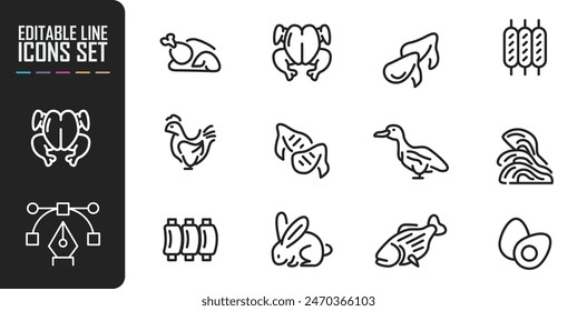 Set of line icons in linear style. Series - Meat. Meat products, food and semi-finished products. Types of meat and sausages. Outline icon collection. Pictogram and infographic. Editable stroke.