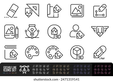 Set of line icons in linear style. Series - Graphic design. Idea and creativity. Software, design and art tools. Outline icon collection. Conceptual pictogram and infographic