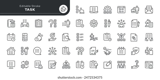 Set of line icons in linear style. Series - Task. Problem solving, checklist and business planning. Outline icon collection. Conceptual pictogram and infographic.