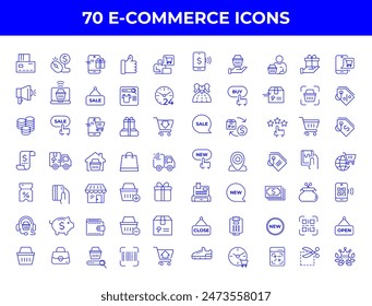 Set of line icons in linear style. Series - E-commerce and shopping. Online shopping cart, electronic purchase and sale on marketplaces. Conceptual pictogram and infographic.